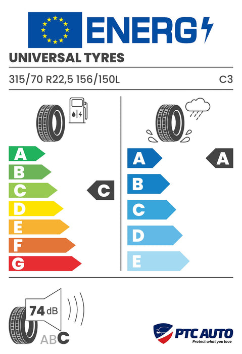 UNIVERSAL TYRES 315/70 R22,5 156/150L UNFS02 M+S 3PMSF TL REGIONALIS (DIR) (C-A-B[74])(Cam